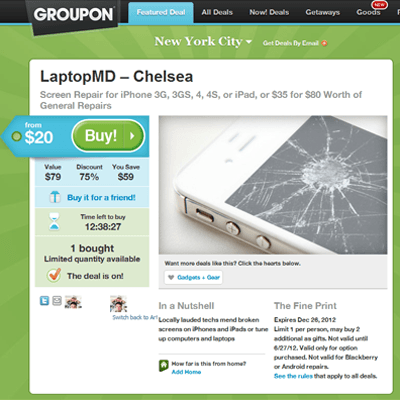 Screen Repair for iPhone 3G, 3GS, 4, 4S, or iPad, or $35 for $80 Worth of General Repairs