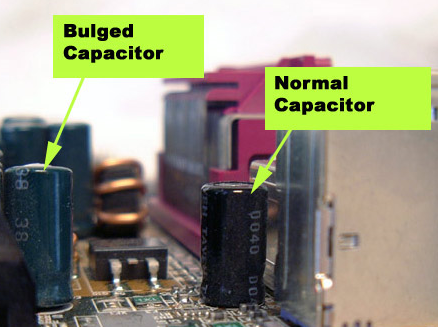 Capacitor on Motherboard, Bulged and Normal Capacitor, Laptop Motherboard